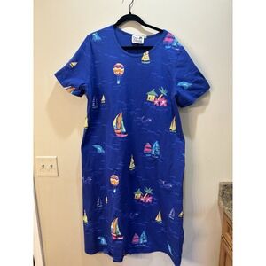 Vintage‎ Copa Cabana 100% Cotton Dress 1X Blue Sailboats Ocean Print Made In USA